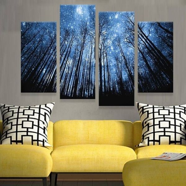 4 pièces / ensemble sans cadre Moonligh forêt brillant ciel peinture à l'huile sur toile giclée mur Art peinture Art photo pour la décoration de la maison 353y