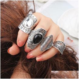 4Pcs / Set Vintage Turc Plage Punk Résine Perles Bague Ensemble Ethnique Sculpté Sier Plaqué Boho Midi Bagues Knuckle Charm Anell Dhgarden Otyvu