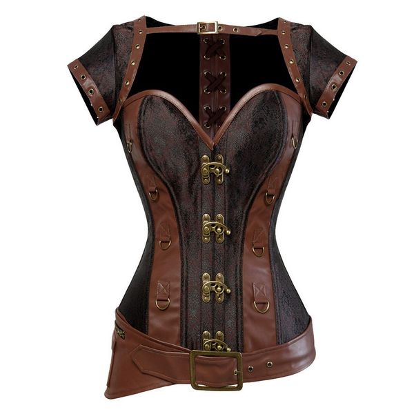 4 pièces ensemble femmes médiéval Steampunk gothique jacquard corset haut avec boléro veste en cuir PU ceinture et string Costume S-6XL grande taille