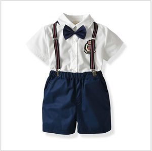 4Pcs Sets For Boys Gentleman Set Shirt+Shorts+Braces+Bowtie Kids Summer Clothing Children Outfits Baby Boys Suits 6sets/lot