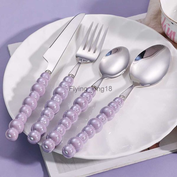 4pcs Sliver Vaisselle Set 304 Couverts en acier inoxydable Élégant Perles en céramique Poignée Vaisselle Couteau Cuillère Fourchette Ustensiles de cuisine HKD230812