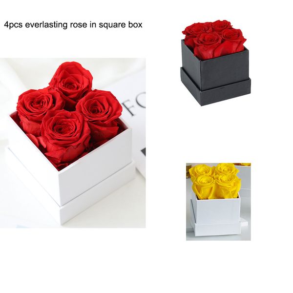 4 piezas pequeñas para siempre eternas rosas naturales rosas preservadas caja cuadrada eterna rosa caja de flores regalo día de la madre día de San Valentín regalos de rosas de Navidad