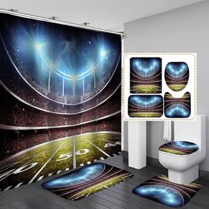 4pcs Sports Shower Curtain Set, American Football Stadium Arena 50 Yard Line Championship Sports Salle Bathroom Decor, Mat de bain sans glissement