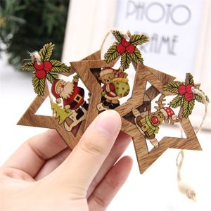 4 -stks ster gedrukt houten hangers ornamenten Xmas Tree Ornament Diy Wood Crafts Kids Gift voor Home Kerstfeest Decoraties Y201020