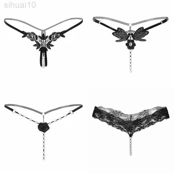 4Pcs String Femme Sexy Dentelle Perle Slip Sous-Vêtements Femmes Lingerie Sexy Hot Porn Strings Taille Basse Noir Tanga Sous-Vêtements pour Le Sexe L220801