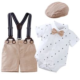 4PCS Summer Baby Boy Set Vêtements Mode Gentleman Costume Manches Courtes BodyShortsHatStraps Born Pographie Outfit BC698 240327