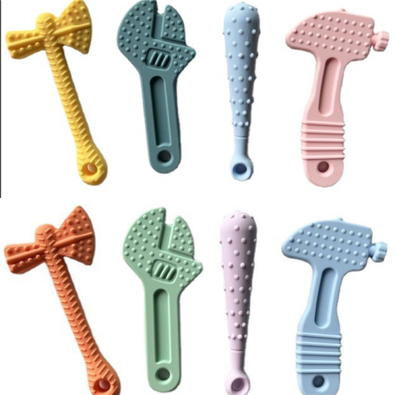 4pcs verktygsmodell teether för baby hammare skiftnyckel sätter mat kvalitet silikon tänder dekompression leksaker primära tänder gummit vård