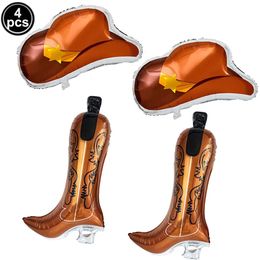 4pcs Les ballons de fête à thème occidental incluent le cowboy both cowgirl chapeau en feuille de ballon décor de cheval pour l'anniversaire 240415