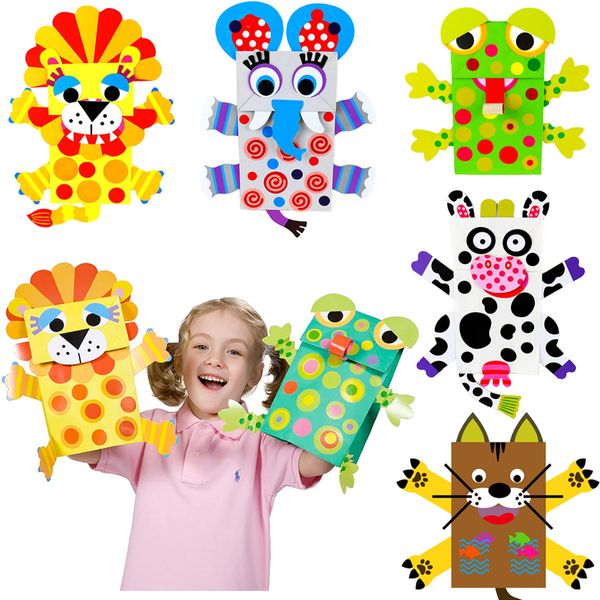 4 pièces en gros sac en papier marionnettes enfants Art artisanat activité multicolore dessin animé Animal main bricolage faisant des Kits jouets d'apprentissage précoce cadeau