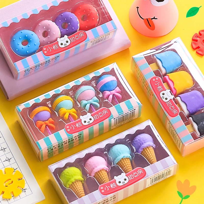 4PCs Yummy Dessert Erasers Set Mini Lollipop Icecream Popsicle Donuts Gummi Penna Eraser för barnskolestudentpris