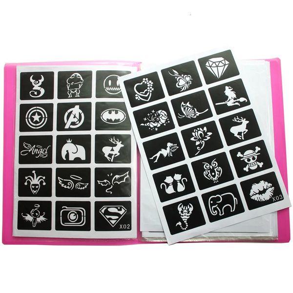 4PCSLOT Sticker Reusable Tattoo Pochans Bookpainting Template Airbrush Glitter Henna Sticch Set Album Fixed Style 240418