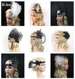 4 PCSLOT femmes plume bandeau cheveux accessoires strass perlé paillettes bandeau cheveux années 1920 Vintage Gatsby fête casque 6994085