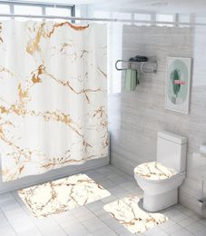 4 pièces ensemble créatif marbre impression salle de bain imperméable rideau de douche piédestal tapis couvercle tapis toilette couverture tapis de bain Set4800312