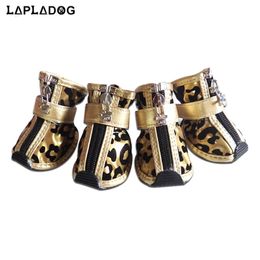 4 unidsset Gold Leopard Leather Pet Dog Shoes PU bota antideslizante para perros pequeños Teddy dog cat zapatos impermeables botines para cachorros ZL353 240115