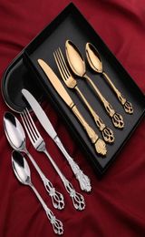 4pcSset Couvreries dorées Set Vintage Western Table Vérification Dîner Set Fork Spoon cuillère Gold plaqué en acier inoxydable SLATWARE253822882