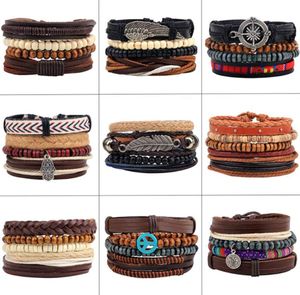 4pcSset fait à la main Boho Gypsy Hippie Black Cuir Cordon Cordon Hand Feuilles Boussins Bracelets enveloppants Empilable pour Man7616011