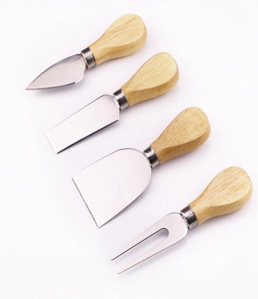 4pcsset chêne bois manche en bois couteau fourchette pelle kit en acier inoxydable beurre épandeur râpes pour couper la cuisson échiquier outil 7452059