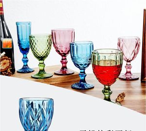 4Pic/set Wijnglazen Gekleurde Glazen Beker met Steel 240ml Vintage Patroon Reliëf Romantische Drinkware voor Feest Bruiloft 15.5*8cm