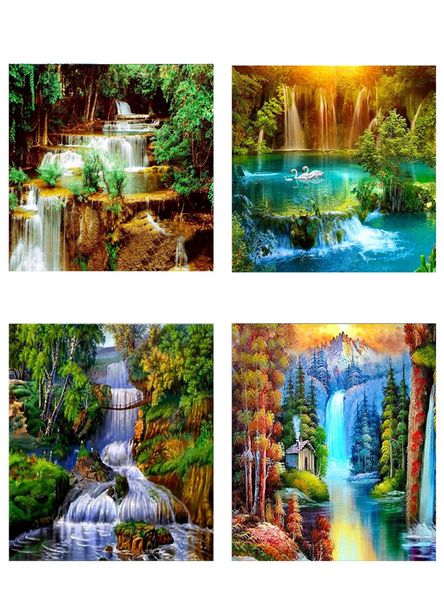 Peinture diamant thème cascade 5D à faire soi-même, lot de 4 pièces, perceuse ronde complète, broderie de paysage, point de croix, décoration murale pour la maison, 6877547