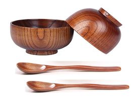 Bol et cuillère en bois faits à la main, ensemble de 4 pièces pour le service de riz Miso, vaisselle de cuisine à domicile 9124358