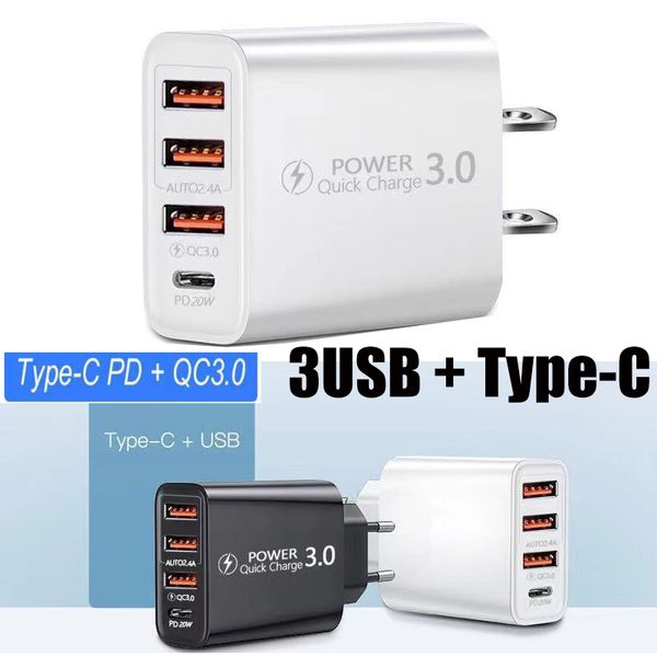 4 puertos 3USB + 1 TYPE-C Cargadores de teléfono portátiles Carga rápida de viaje en el hogar Cargador de pared adaptador de corriente Enchufe de EE. UU. UE para iPhone Samsung xiaomi lg móvil inteligente