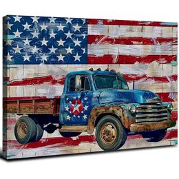 4 juli canvas muur kunst ingelijste muurdecoratie ons vlag truck muur sterren rustieke buffel houten graan esthetische muur kunstwerken klaar om muurfoto's voor woonkamer te hangen