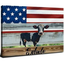 4 juillet toile art mural décoration de mur encadré animaux de ferme USA drapeau murs rayures grain de bois