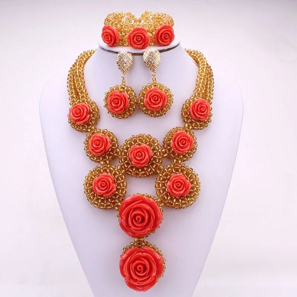 4UJewelry – ensemble de bijoux africains à fleurs de couleur corail, en forme de perles de cristal doré