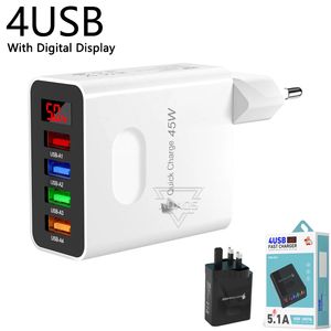 Adaptateurs muraux LED à affichage numérique multi-ports 4usb, 3,1a, chargeur pour téléphone portable, EU/US/UK, adapté pour Samsung Iphone Xiaomi