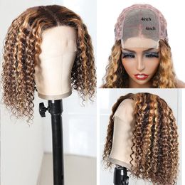 4x4 Fermeture en dentelle Bob Wig P4 / 27 Malaysian 100% Human Hair 4x4x1 Wigs Piano Color Curly 10-16inch