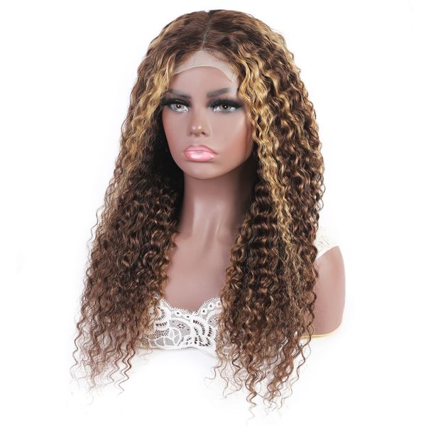 Perruque Lace Closure Wig brésilienne péruvienne, cheveux 100% naturels, crépus bouclés, densité 150%, couleur Piano, 10-34 pouces, 4x4, P4/27