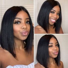 Pelucas de cabello humano con frente de encaje Bob con cierre de parte 4X4 T, peluca corta recta Frontal brasileña prearrancada para mujeres negras