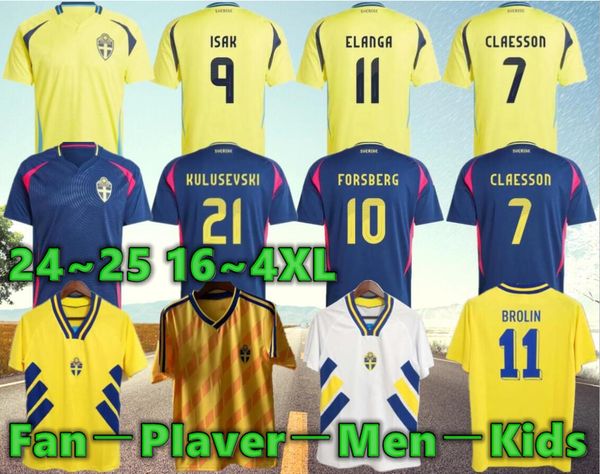 4xl 2024 Suède Larsson Mens Soccer Jerseys Team National Retro Dahlin Brolin Ingesson Home Yellow Away Away Blue Adult Football Shirts Uniforms Kids Kit