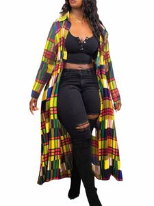 4XL 5XL LW femmes automne hiver grande taille basique col rabattu manches Lg imprimé Plaid Patchwork jaune manteau O9CB #