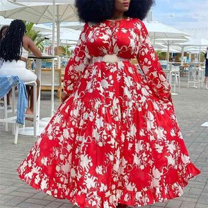 4XL 5XL Plus Size African Dres Red Floral Print Lange Mouwen Vloerlengte Grote Elegante Avondfeest Vestidos Maxi 210623