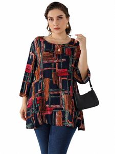 4XL 5XL Blouse grande taille femmes 2023 été manches trois-quarts imprimé coloré décontracté Lg Blouse ample surdimensionné dames hauts t0i7 #