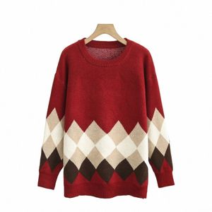 4XL Automne Plus Taille Jumper Femme Vêtements Lâche Pull tricoté Fi Argyle Dobby O-Cou Courbe Pull Hiver n7rV #