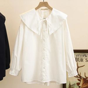 4xl Plus Taille Shirt Spring Laceup Peter Pan Collar Cotton Tops Loose Lot Long Longueur Longueur Blans Curve Curve Vêtements 240419