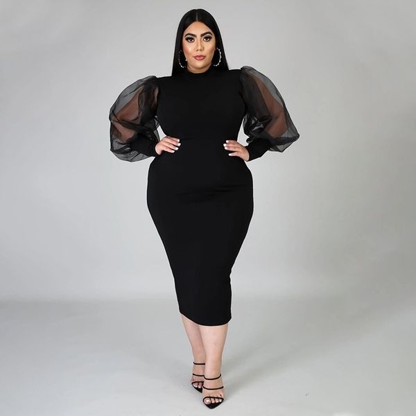 4XL Plus La Taille Femmes Robes Moulantes Office Lady Black Mesh Voir À Travers Manches Longues Genou Longueur Slim Fit Bandage Robes pour Dames 210527