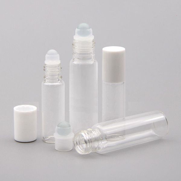 5 bouteilles à rouleaux transparentes de 10 ml avec boule en verre pour rouleau de verre de parfum d'huile essentielle sur des bouteilles avec couvercles blancs Taille de voyage Bmmnj