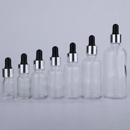 5-100 ml Lege Clear Glass Dropper Flessen Groothandel Met Zilveren Dop Zwart Rubber Top Voor Eye Dropper Aromatherapie dikke Essentie Flessen Brwa