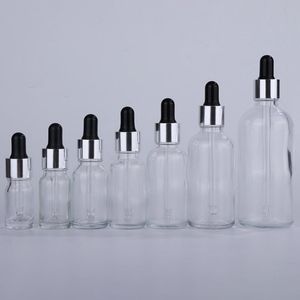 5-100ml botellas de gotero de vidrio transparente vacío al por mayor con tapa de goma negra de tapa plateada para aromaterapia de gotera de gotera de aromaterapia espesas botellas sgkn