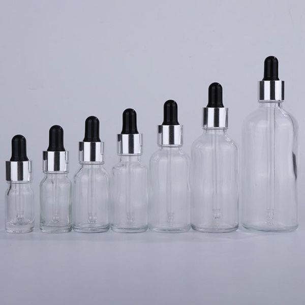 5-100 ml Bouteilles en verre transparent transparent en gros en gros avec un haut en caoutchouc noir à capuchon argenté pour les bouteilles d'essence épaisses à gouttes pour les yeux