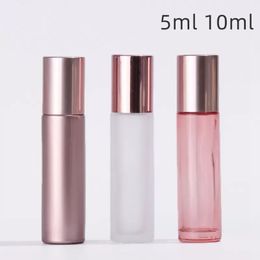 5 10ML Mini Roll On Roller Bottle Fragancia Botellas de vidrio Botella de aceite esencial de oro rosa Rodillos de metal de acero Bola Envase de perfume