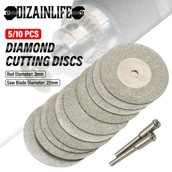 Disques de coupe de diamant 5 / 10pcs 22 mm Lame de scie rotative de roue de broyage rotative abrasif pour couper l'outil en verre métallique avec mandrin