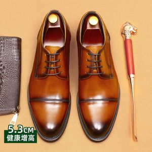 Chaussures en cuir véritable pour hommes, 5.3 Cm, confortables, faites à la main, noires, pour robe sociale de mariage