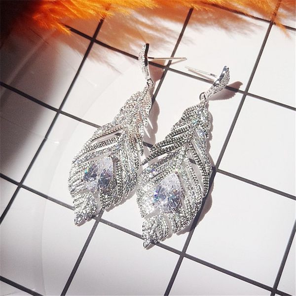 5,4 cm de la feuille de longueur de longueur en diamant de boucle d'oreille pour femme fiançailles de mariage de fête 3a zircone charme de luxe de luxe S925 Sterling Silver Post Jewelry Womens Gift