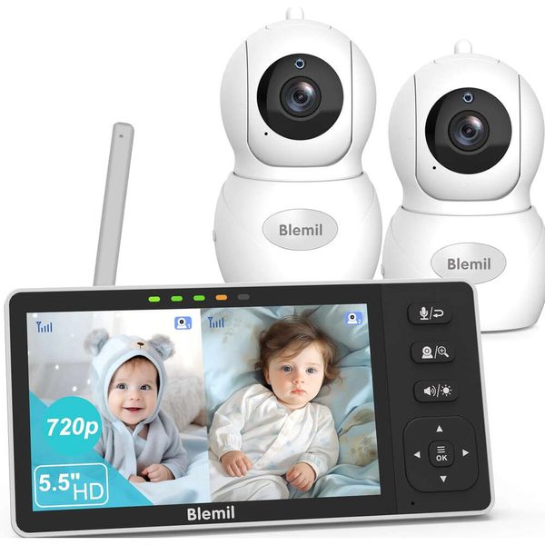 5.5 Moniteur pour bébé HD Splip-écran avec 2 caméras, talk-way, vision nocturne, PTZ distant, batterie 4000mAh - Moniteur de bébé haute résolution