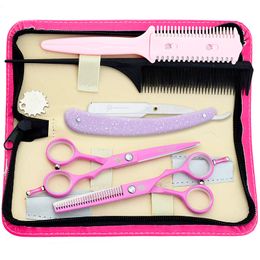 5.5 "Rose Professionnel Coupe De Cheveux Amincissement Ciseaux Kit Japon Acier Chaude Cheveux Styliste Ciseaux Coiffeur Ciseaux Pinking kit