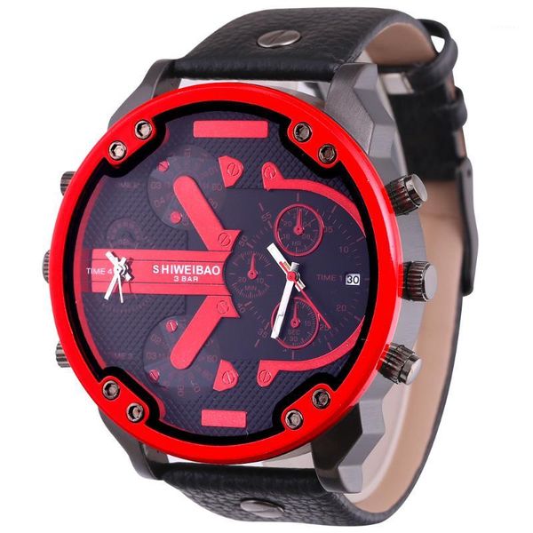 Relojes de pulsera de cuarzo de cara grande de 5,5 cm para hombre, relojes de pulsera para hombre con fecha dual, cuero negro, resistente al agua, reloj Masculino1